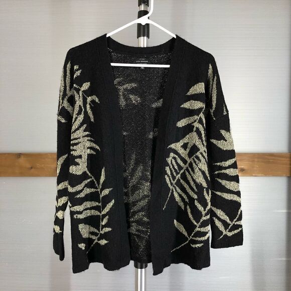 Lucky BRAND Wool Blend Black Open Cardigan Metallic Gold Leaf Motif Sz S - Picture 3 of 10